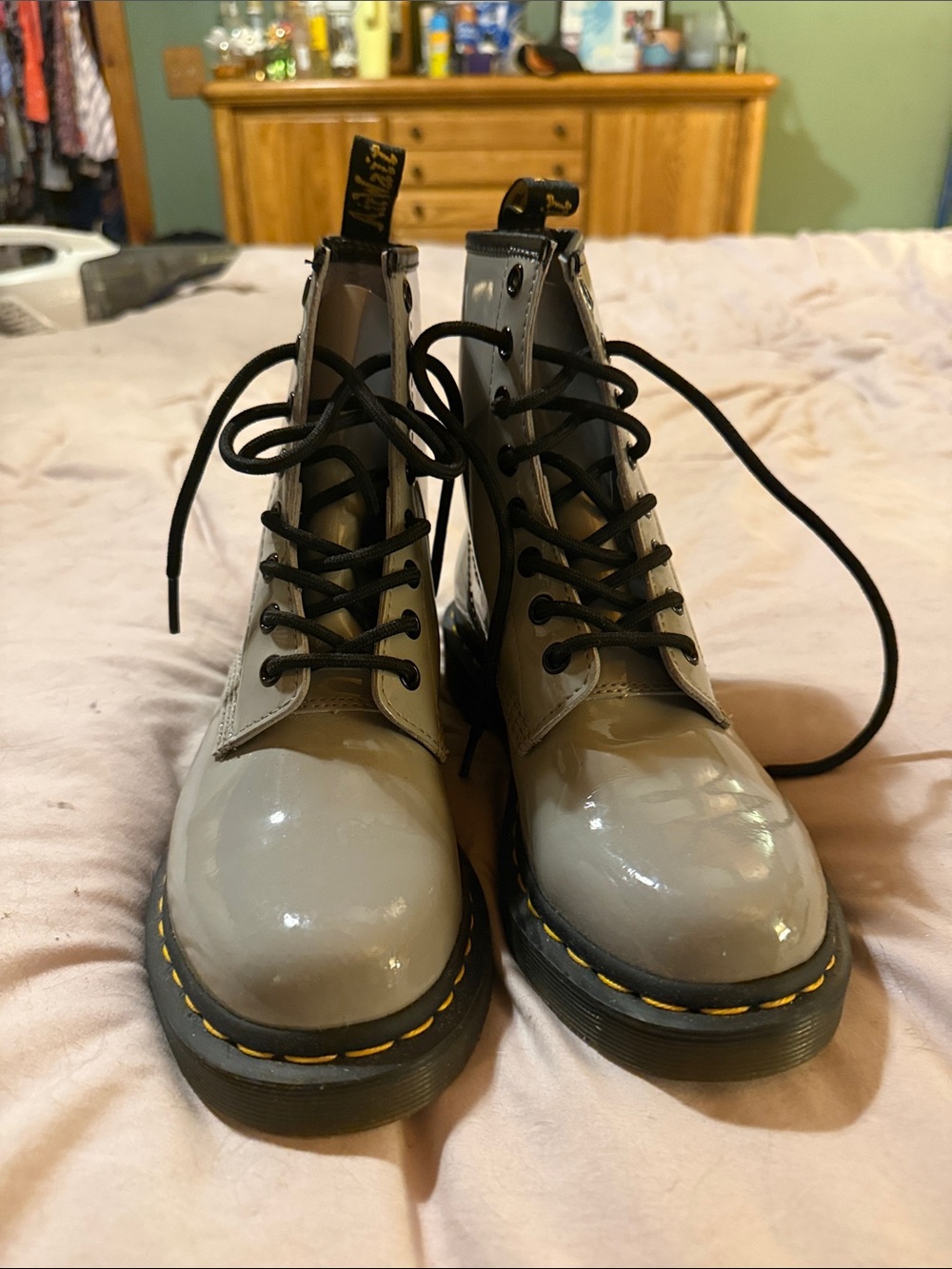 Dr. Martens Gray Patent Combat Boots- only worn once inside!